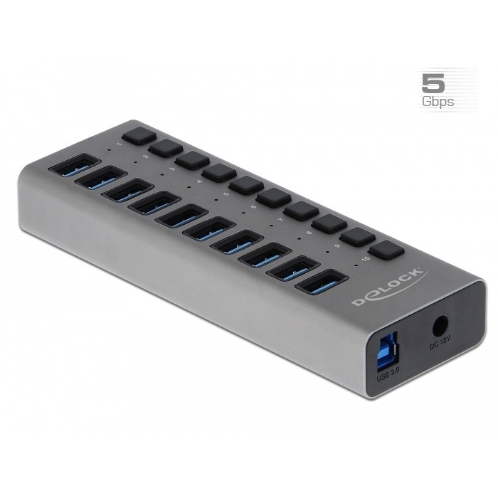 DELOCK Externer SuperSpeed USB Hub mit 10 Ports + Schalter