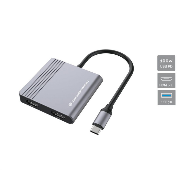 CONCEPTRONIC 4-1 Dock USB-C-2xHDMI/USB-A/100WPD 25cm gr