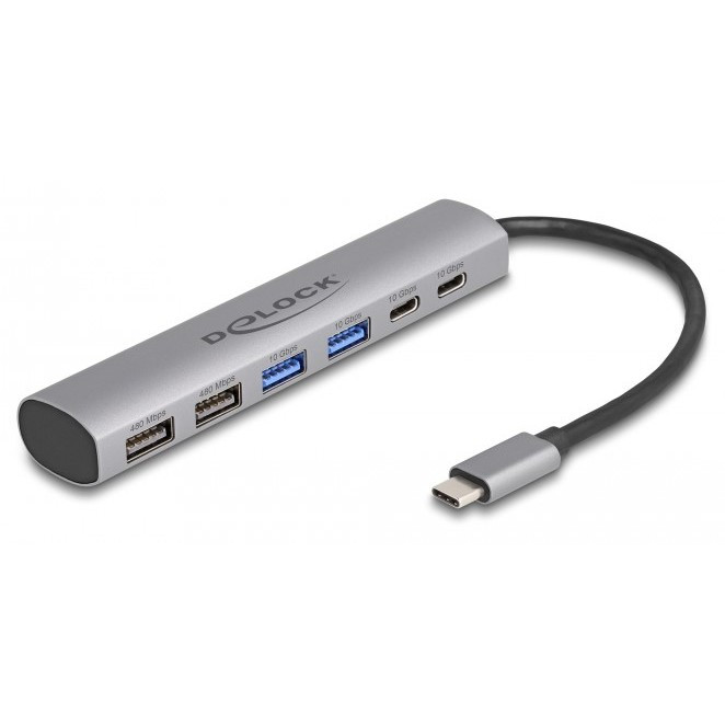 DELOCK 6 Port USB Hub mit 4 x USB Typ-A Buchse und 2 x USB Type-C Buchse