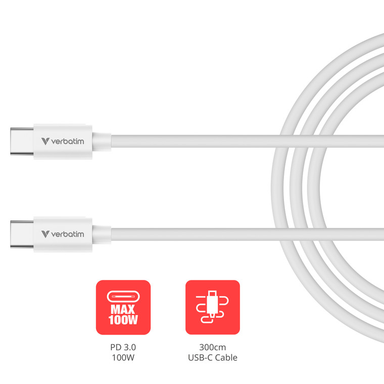 32409, Essentials Sync Charge Cable USB-C to USB-C 100W 3m - White
