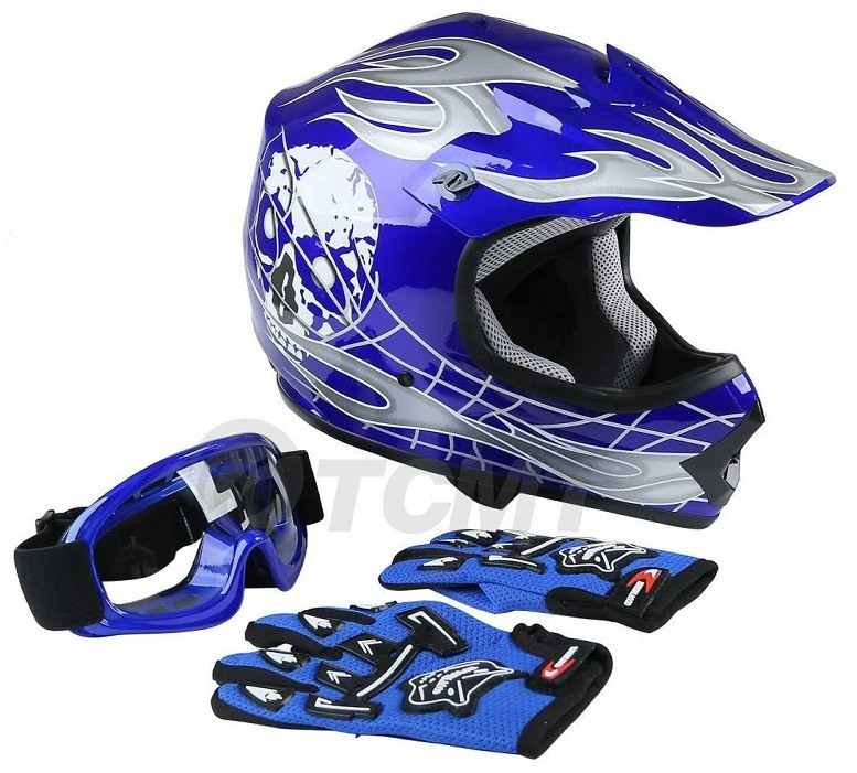 Dot Youth & Kids Motocross Offroad Street Helmet Blue Skull Motorcycle Youth Helmet Dirt Bike Motocross ATV Helmet+Goggles+Gloves