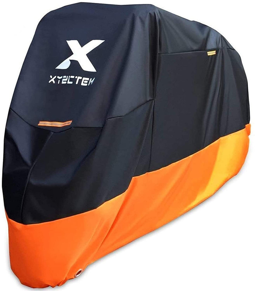 Motorcycle Cover – All Season Waterproof Outdoor Protection – Precision Fit up to 108 Inch Tour Bikes, Choppers and Cruisers – Protect Against Dust, Debris, Rain and Weather(XXL,Black& Orange)