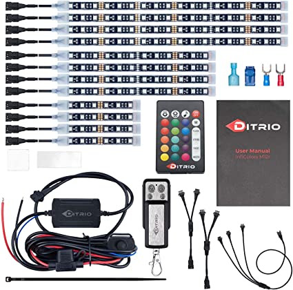 DITRIO 12pcs Underglow RGB LED Strip Light Kit DC 12V with 2 Red Blinking Brake Light Styles for Motorcycles Trikes Golf Carts ATVs UTVs – M12r
