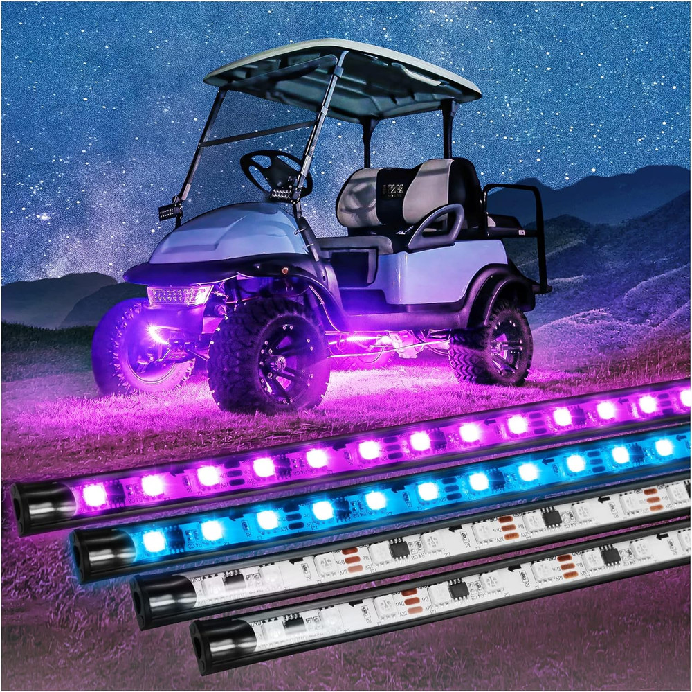 New 4PCS Golf Cart Underbody Light Kit, Underglow LED Light Strip for Yamaha EZGO Club Car, 24 Modes Multicolor RGB Music Sync IP67 Waterproof