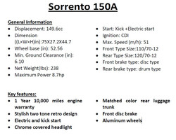 New Trail Master Sorrento 150A Scooter, Electric and kick start - Specs