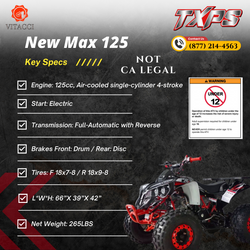 NEW MAX 125CC ATV, 8" TIRES AUTO WITH REVERSE - SPECS