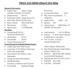 Trailmaster TM15 110cc Dirt Bike, Automatic Clutch Kick & Electric Start - Specs