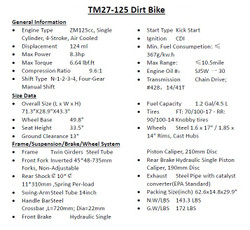 Trailmaster TM27 125cc Dirt Bike, Single Cylinder, 4-Stroke, Air Cooled, Kick Start - Specs