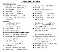 Trailmaster TM29 125cc Dirt Bike, 4-Stroke, Electric Kick Start - Specs