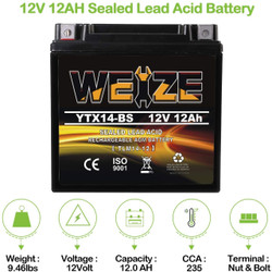 YTX14 BS ATV Battery High Performance - Maintenance Free - Sealed AGM YTX14-BS