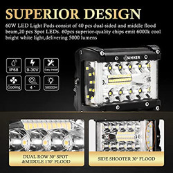 BUNKER INDUST Side Shooter LED Light Pods Wiring Harness Kit, 2pcs 4”inch Spot Flood Combo Beam CREE LED Light Bar 60W Work Lights Waterproof Off Road Fog Driving Bumper Light for ATV UTV Truck Boat-3