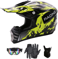 Motocross Helmet Fashion Youth Adult Dirt Bike Helmets Motorcycle Helmets for Adults DOT Approved (Gloves Goggles Face Shield) 4Pcs Set (Green, X-Large)