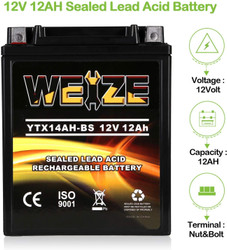 YTX14AH-BS High Performance - Maintenance Free-Sealed AGM ATV Motorcycle Battery for Polaris Sportsman 570 Trail Blazer 250 Ranger 400 500 Suzuki King Quad 300 QuadRunner 250