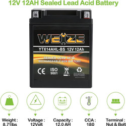 YTX14AHL-BS High Performance - Rechargeable - Sealed Motorcycle Battery Compatible With Polaris Scrambler, Sportsman 90, Honda Scooters NQ50 Spree,Kawasaki 110 KLX110 Blue