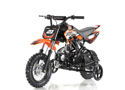 Apollo DB-21 70cc Semi Automatic DIRT BIKE, 4 Stroke Air Cooled w/ Training wheels - Orange-Front-View