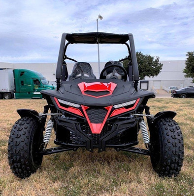 Trailmaster Cheetah 200 Go kart, Upgraded rear end, high back seats, Full Welded Roll Cage - Red Front Side view