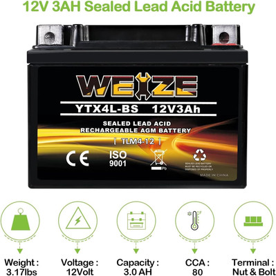 YTX4L-BS High Performance-Rechargeable-Sealed Motorcycle Battery Compatible With Polaris Scrambler, Sportsman 90, Honda Scooters NQ50 Spree,Kawasaki 110 Can-Am DS70,Yamaha TTR125E/LE
