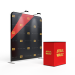 8ft Step and Repeat Tension Fabric Banner Stand & Graphic Package with LED Lights and Podium