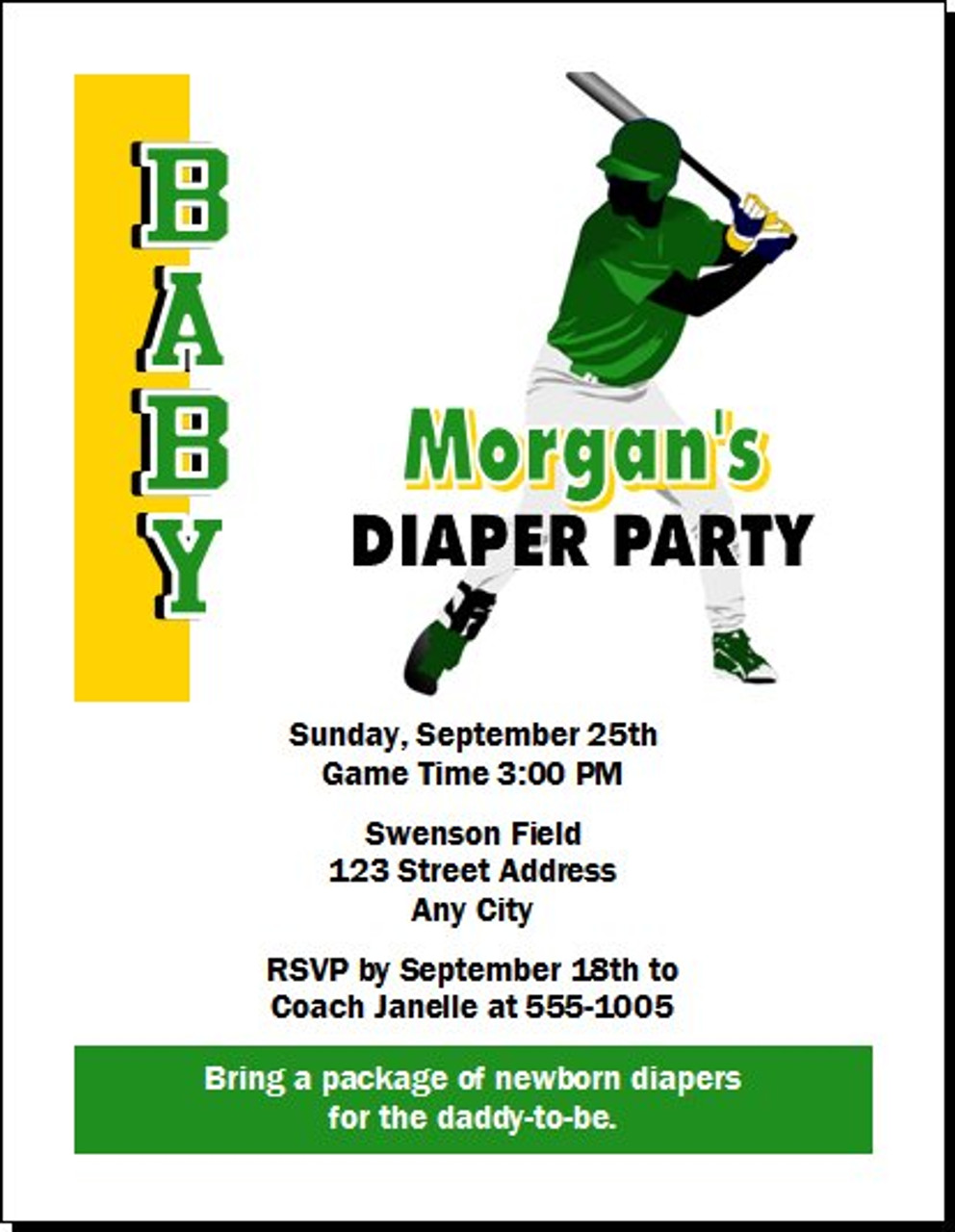 Baseball Slugger Design 2 Baby Shower Co Ed Diaper Party Invitation