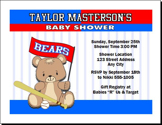 Baseball Teddy Bear Baby Shower Co Ed Diaper Party Invitation