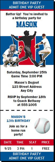 los angeles dodgers colored baseball birthday party ticket invitation