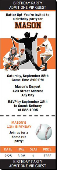 San Francisco Giants Colored Baseball Birthday Party Ticket Invitation