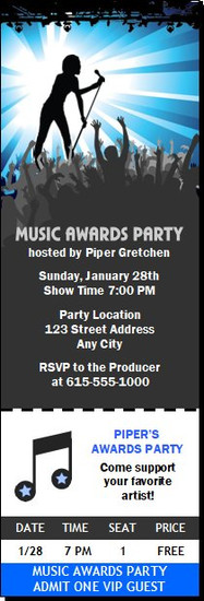Music Awards Party Blue Ticket Invitation