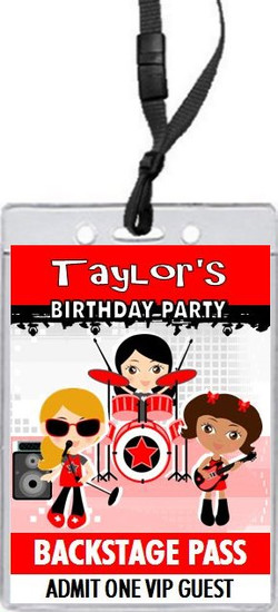 Girl Rock Band Red Birthday Party VIP Pass Invitation Front
