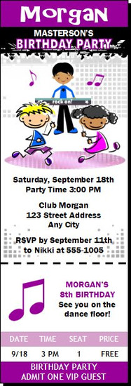 Dance Club Kids Purple Birthday Party Ticket Invitation