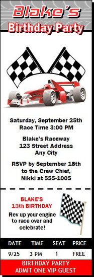 Race Car Birthday Party Ticket Invitation