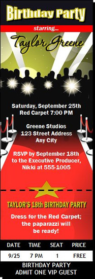 Red Carpet Paparazzi Birthday Party Ticket Invitation
