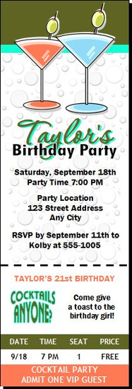 Retro Martinis Birthday Party Ticket Invitation