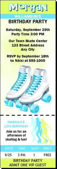 Roller Skates Birthday Party Ticket Invitation Teal and Lime Green