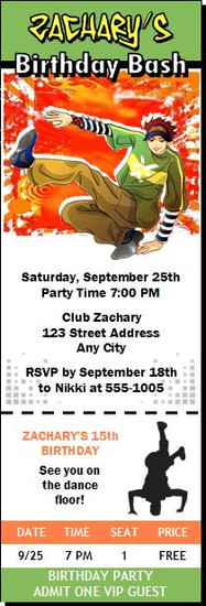 Street Dancer Birthday Party Ticket Invitation