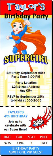 Supergirl Birthday Party Ticket Invitation