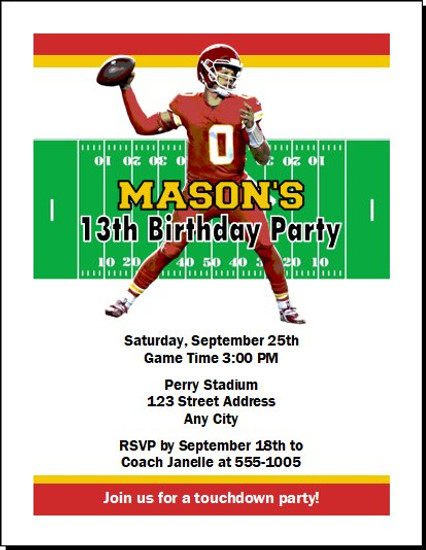 Kansas City Chiefs Colored Football Birthday Party Invitation