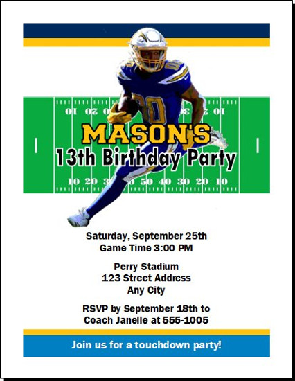 Los Angeles Chargers Colored Football Birthday Party Invitation