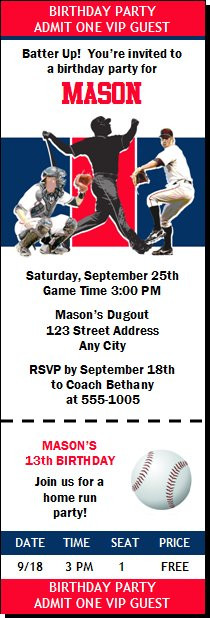 Cleveland Indians Colored Baseball Birthday Party Ticket Invitation