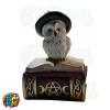 snow owl with witches hat perched on a red spell book