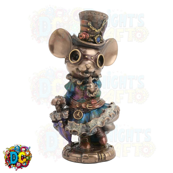 A steampunk mouse, elegantly attired with a parasol and top hat