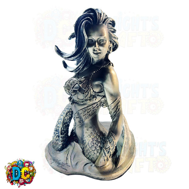 silverish patina painted fish net see through topped mermaid statue figurine