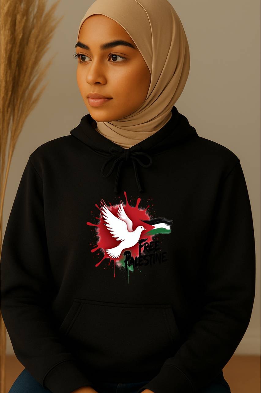 Ummah Trends Free Palestinian Flag White Bird Print Hoodie