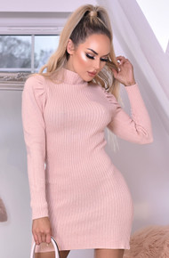 Dress Long Sleeve Ribbed Knitted High Neck 