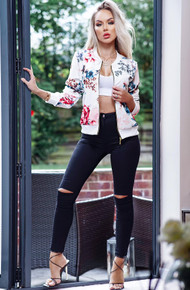 Bomber Jacket Floral White Zip Up