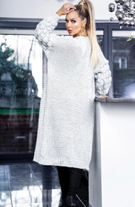 Chunky Cable Knitted Longline Open Cardigan Grey