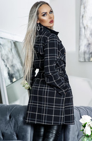 Checked Belted Longline Coat Black