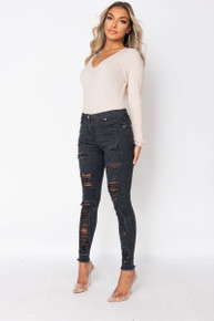 High Waisted Multi Ripped Skinny Jeans Ash Black
