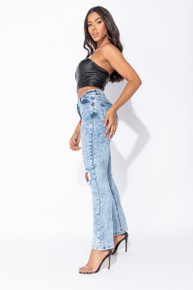 High Waisted Ripped Knee Straight Jeans Acid Light Blue