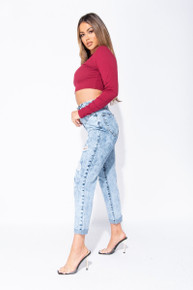 Boyfriend Jeans Multi Ripped Turn Up Hem Acid Wash Blue