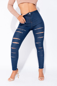 High Waist Super Skinny Multi Ripped Slash Jeggings Dark Blue